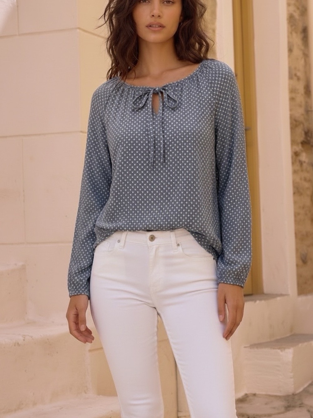 Fred David Light Blue Polka Dot Off-Shoulder Tunic